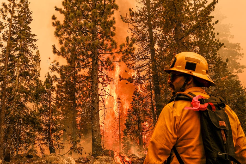 Firefighter standing in front of fire in Lake Tahoe