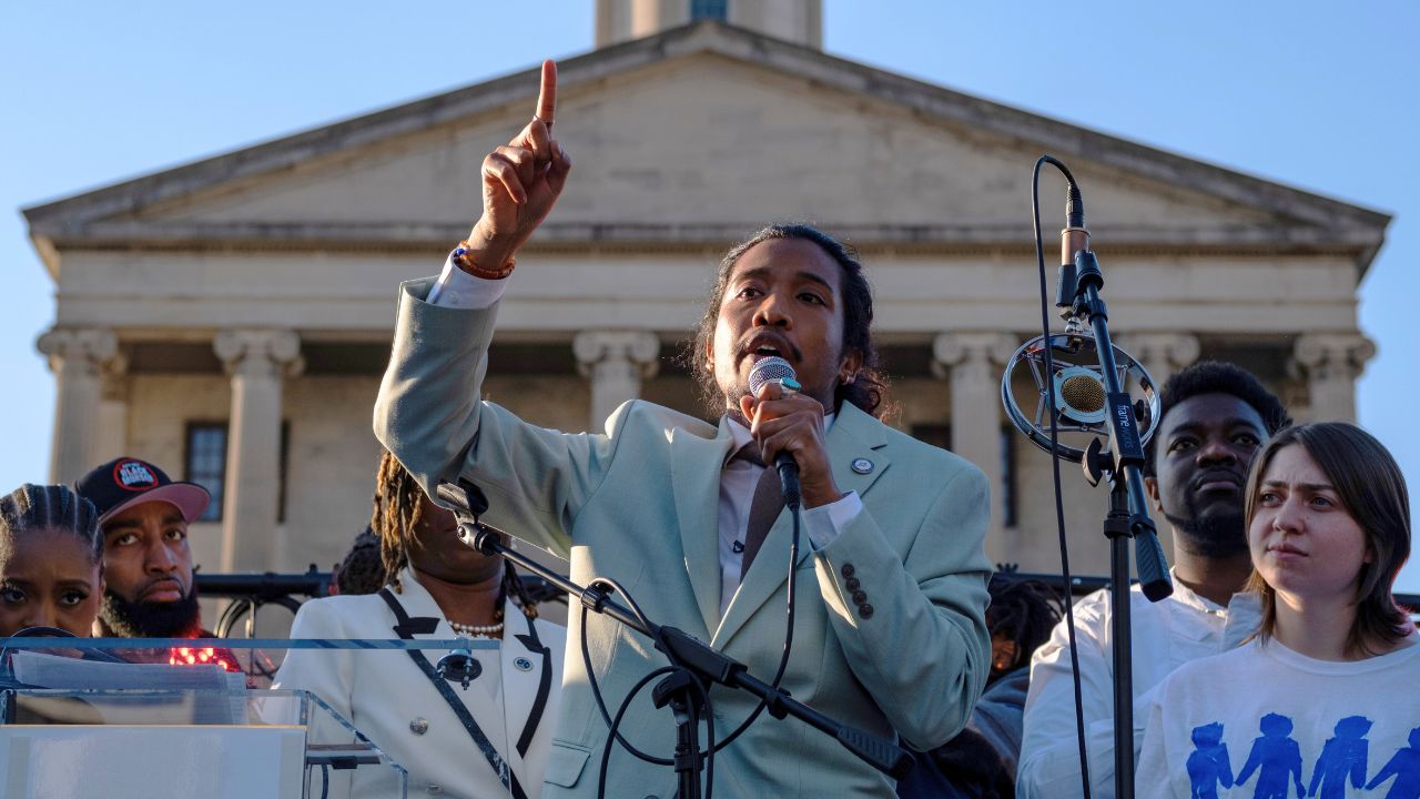 State Rep. Justin Jones of Nashville speaks outside the Capitol on April 10, 2023 in Nashville, Tennessee