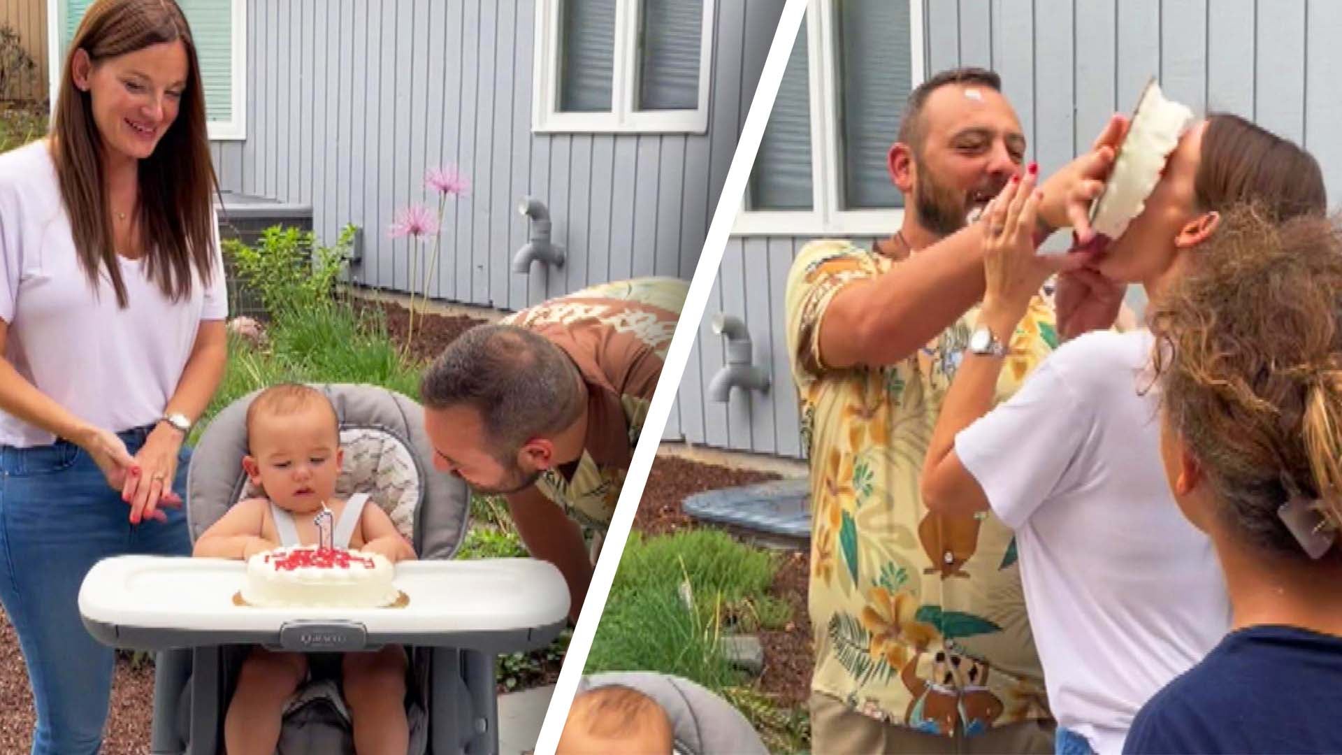 Adorable baby sees birthday cake, dives in headfirst