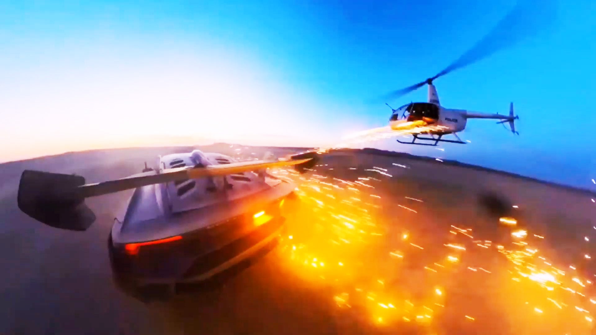 Helicopter fires fireworks towards Lamborghini 