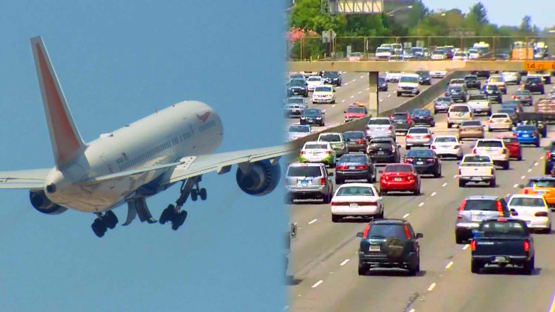 Airplane taking off / Highway with cars in traffic