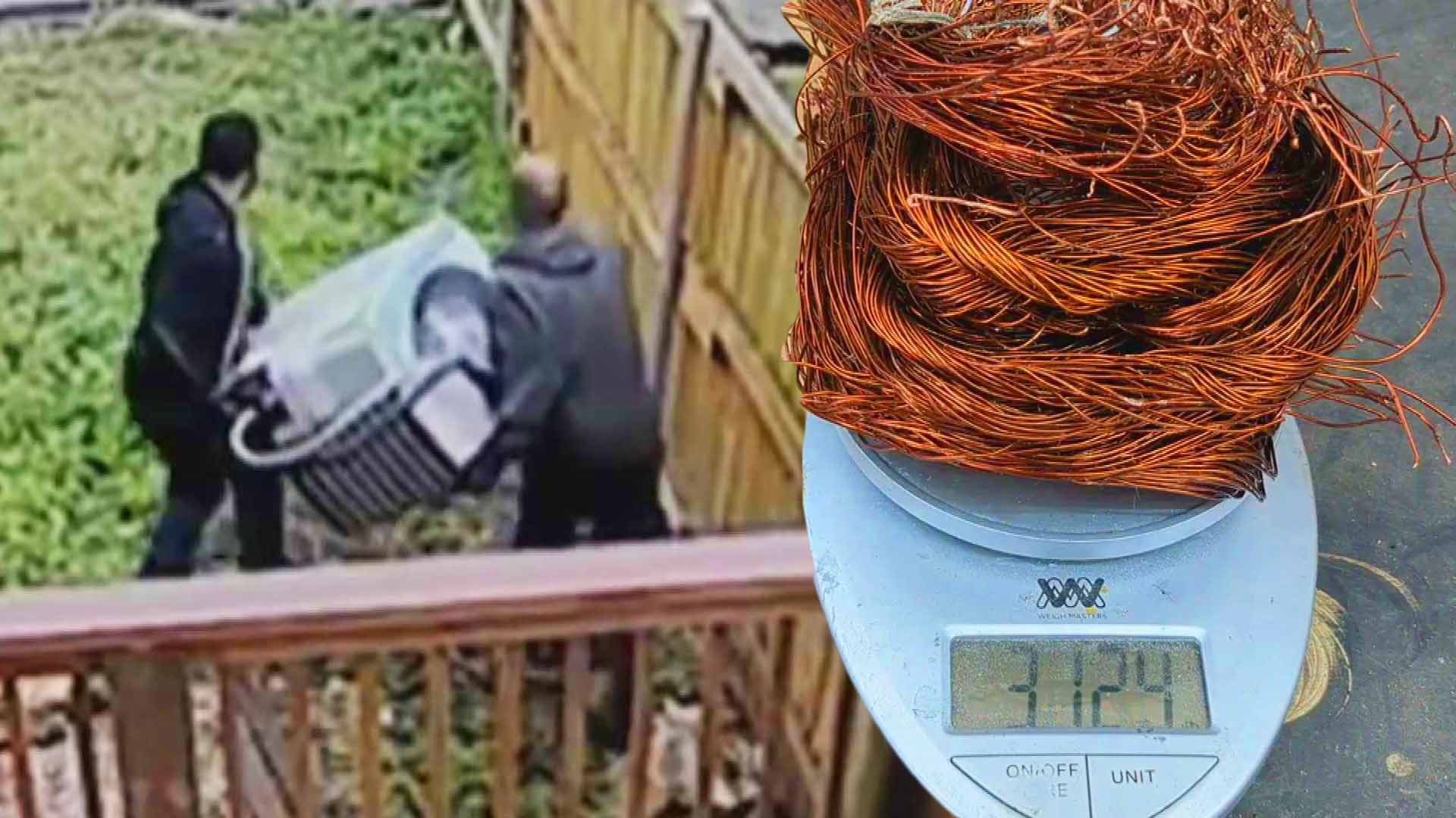 Two thieves carrying an outdoor A/C unit from under a home's porch / Copper wire coiled on a scale