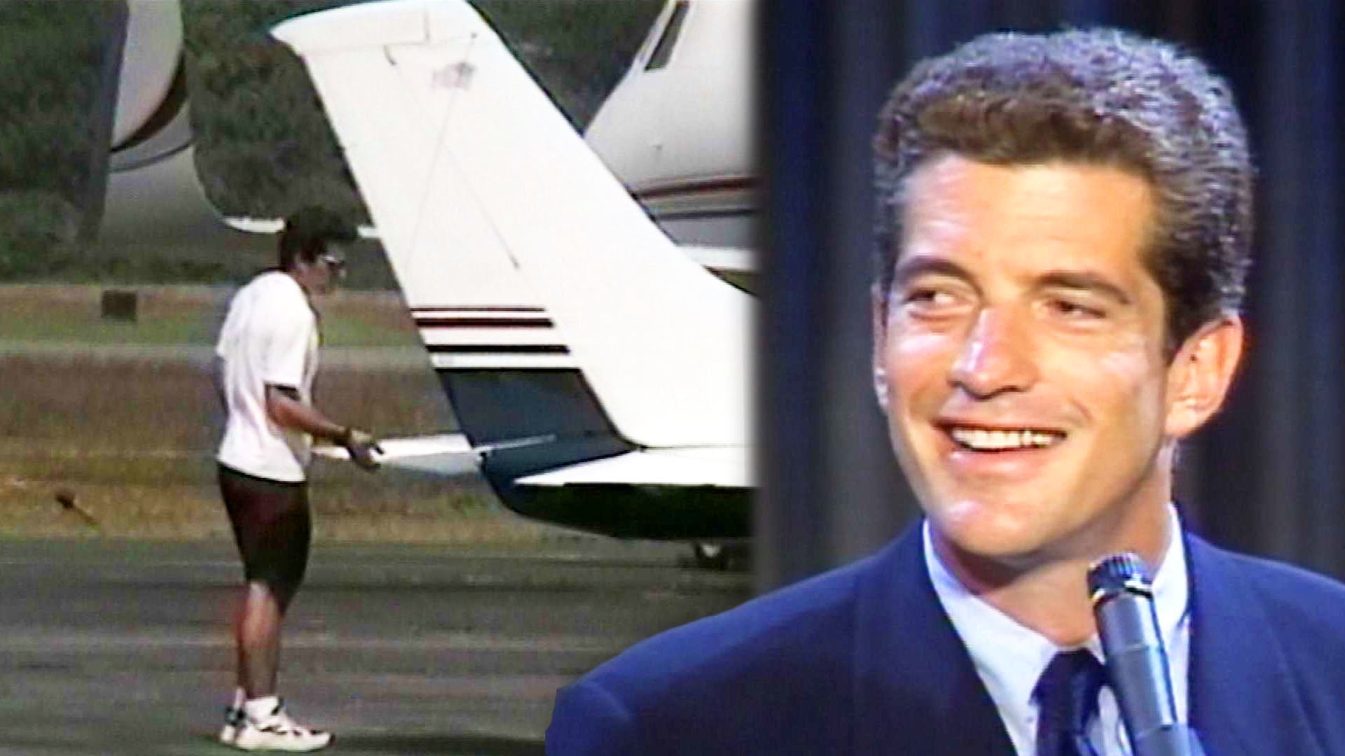 JFK Jr. inspecting plane on tarmac / JFK Jr. smiling at a press conference