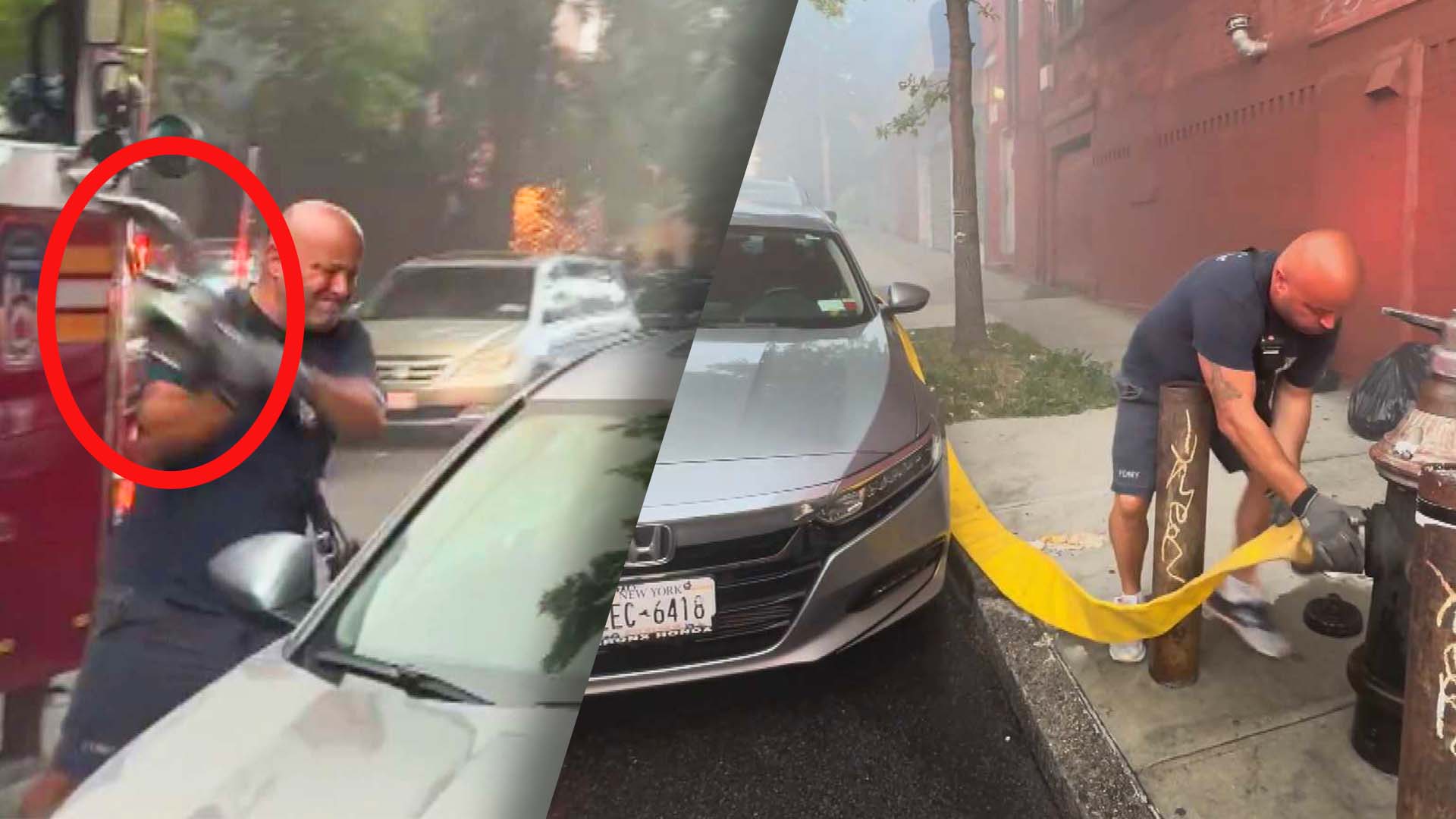 NY Firefighter smashing car window with a wrench / NY Firefighter pulling hose through broken car windows to attach to hydrant