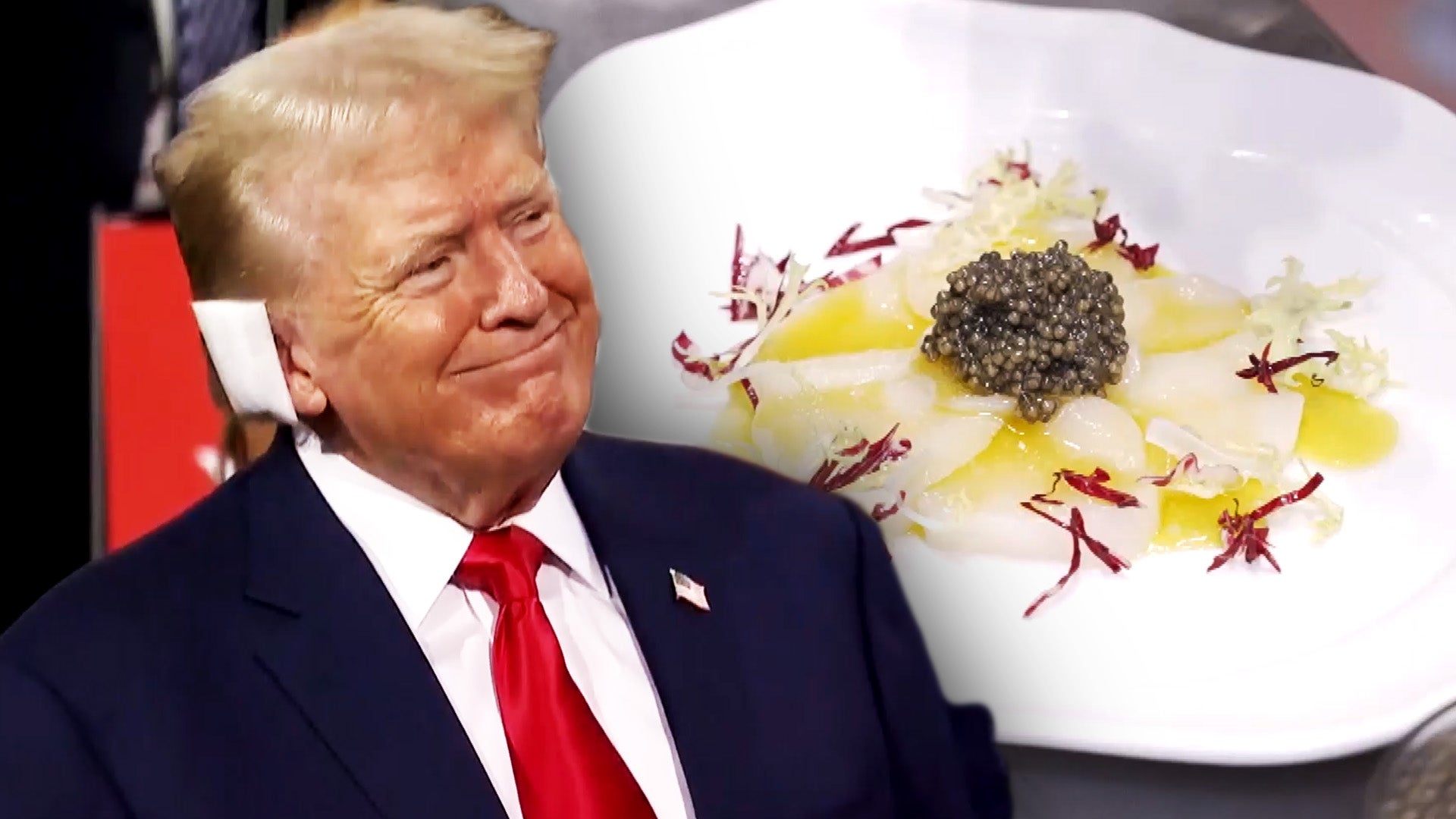 Split image: Donald Trump with ear bandage/plate haute cuisine scallops and caviar