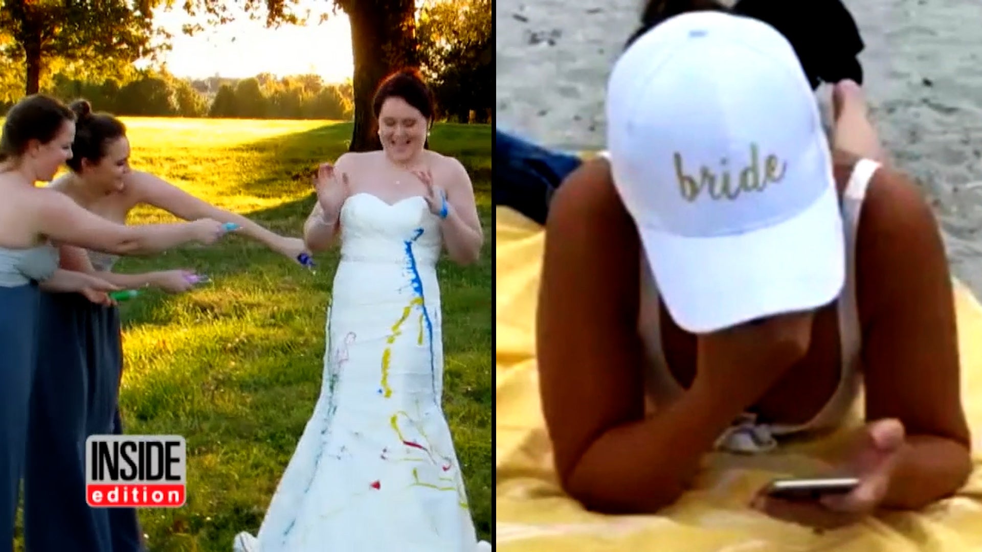 woman in a wedding dress getting paint splattered on her by 2 bridesmaids / woman on the beach in a 'Bride' hat looking at her phone upset