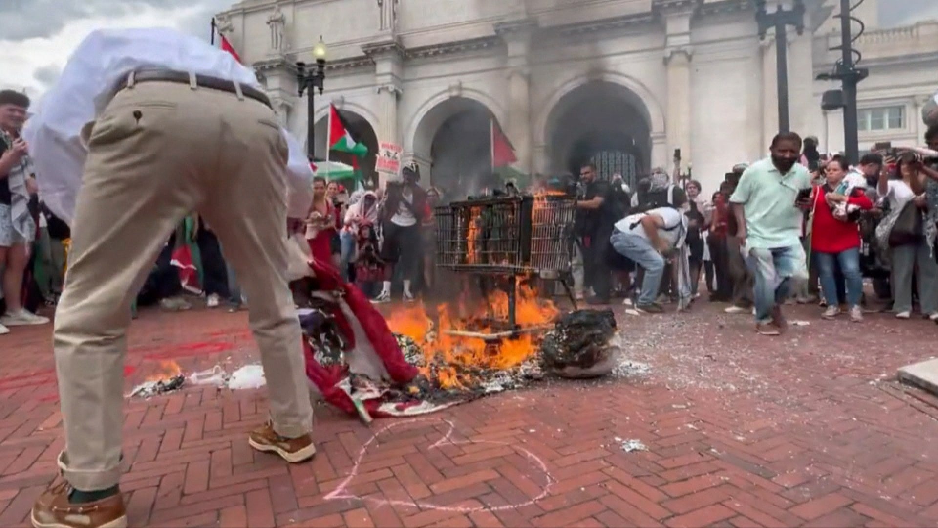 Man Tries to Save Burning American Flag at Protest