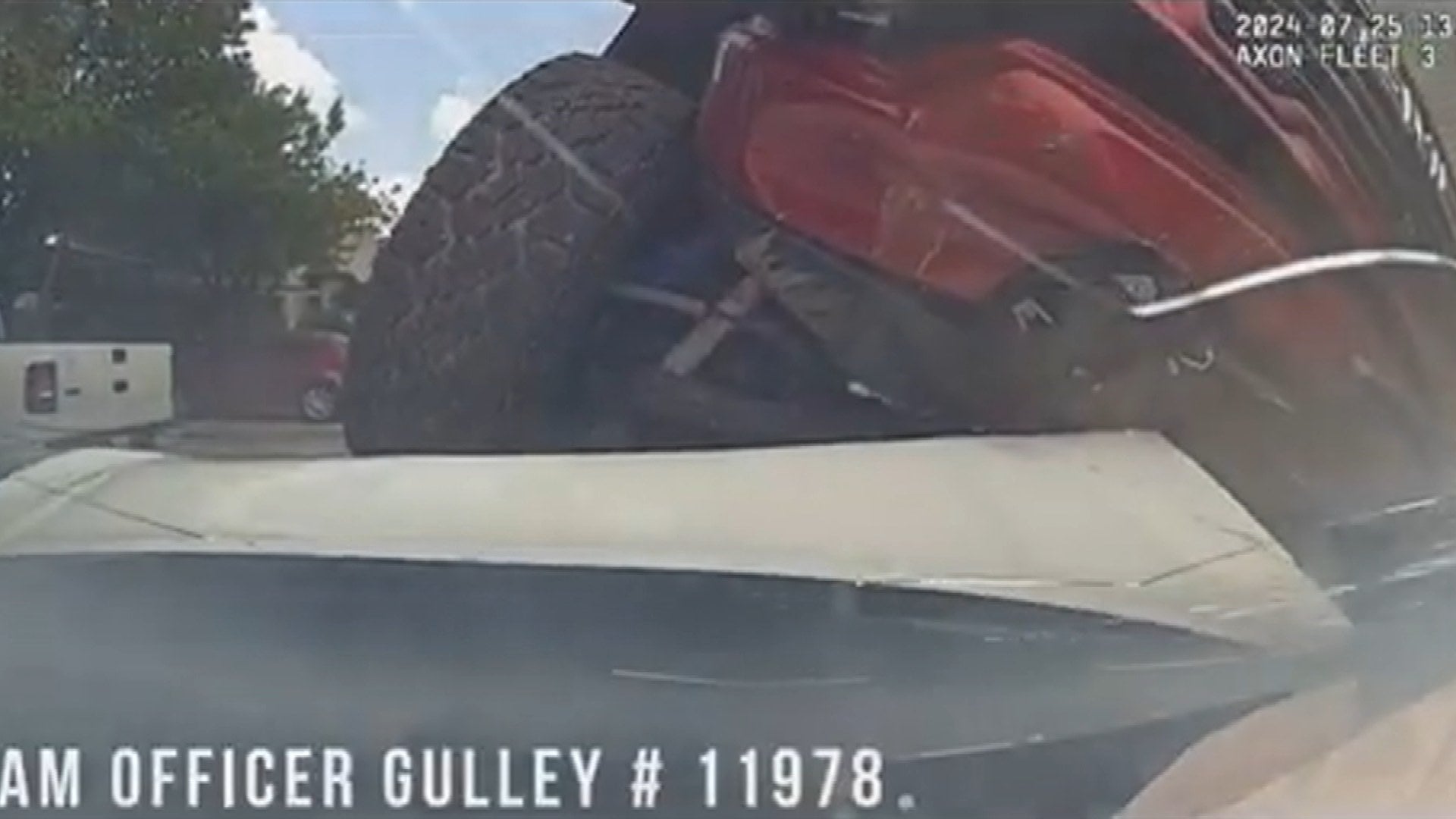 A stolen red truck rammed into a Texas police car.