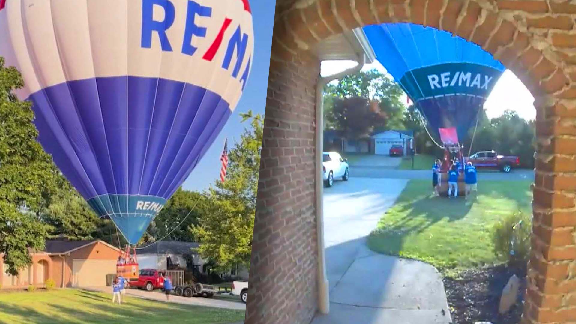 REMAX hot air balloon landing on front lawn / view of balloon from home ring camera