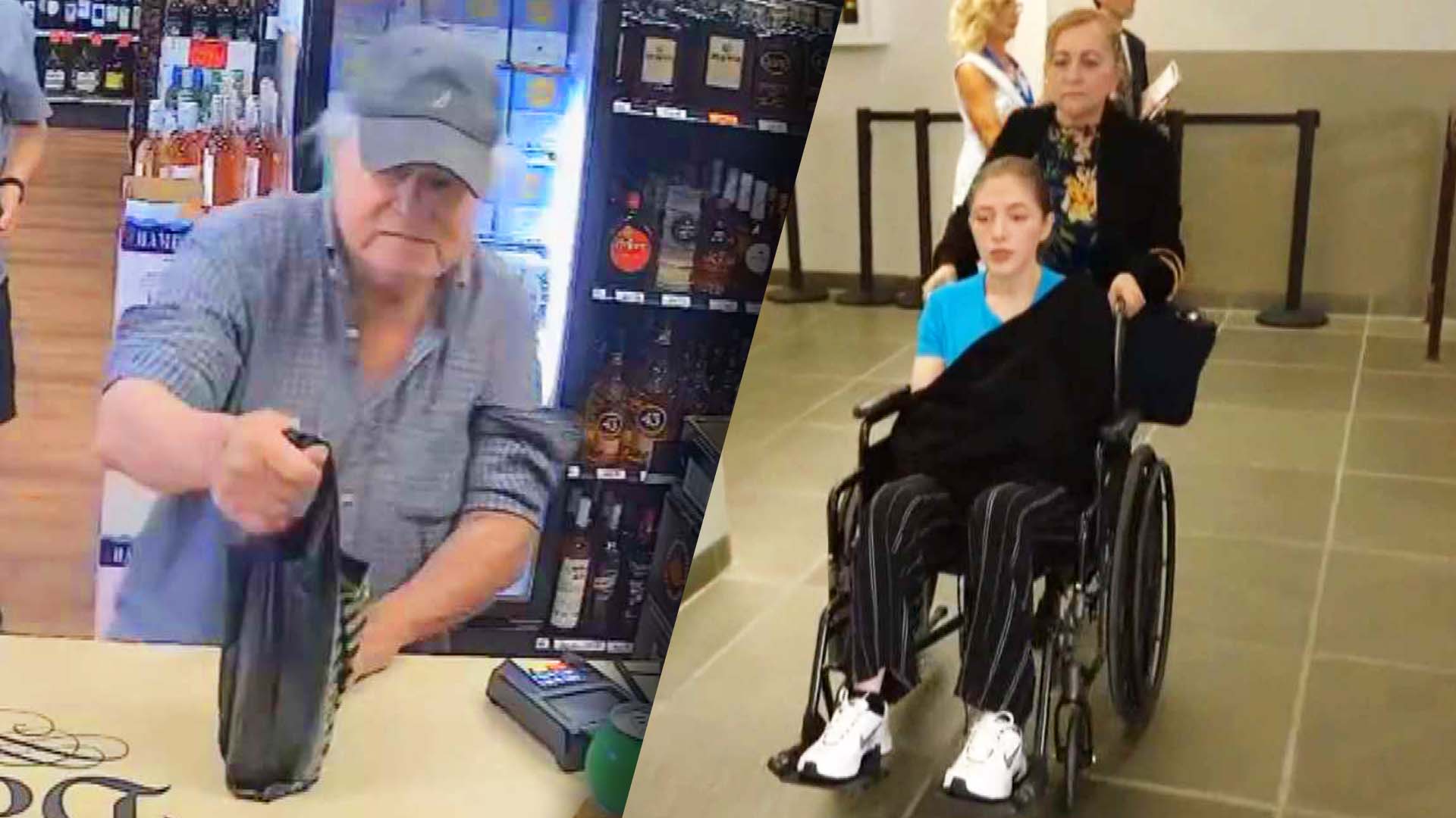 Man grabbing a bag at a liquor store counter / victim being pushed in a wheelchair