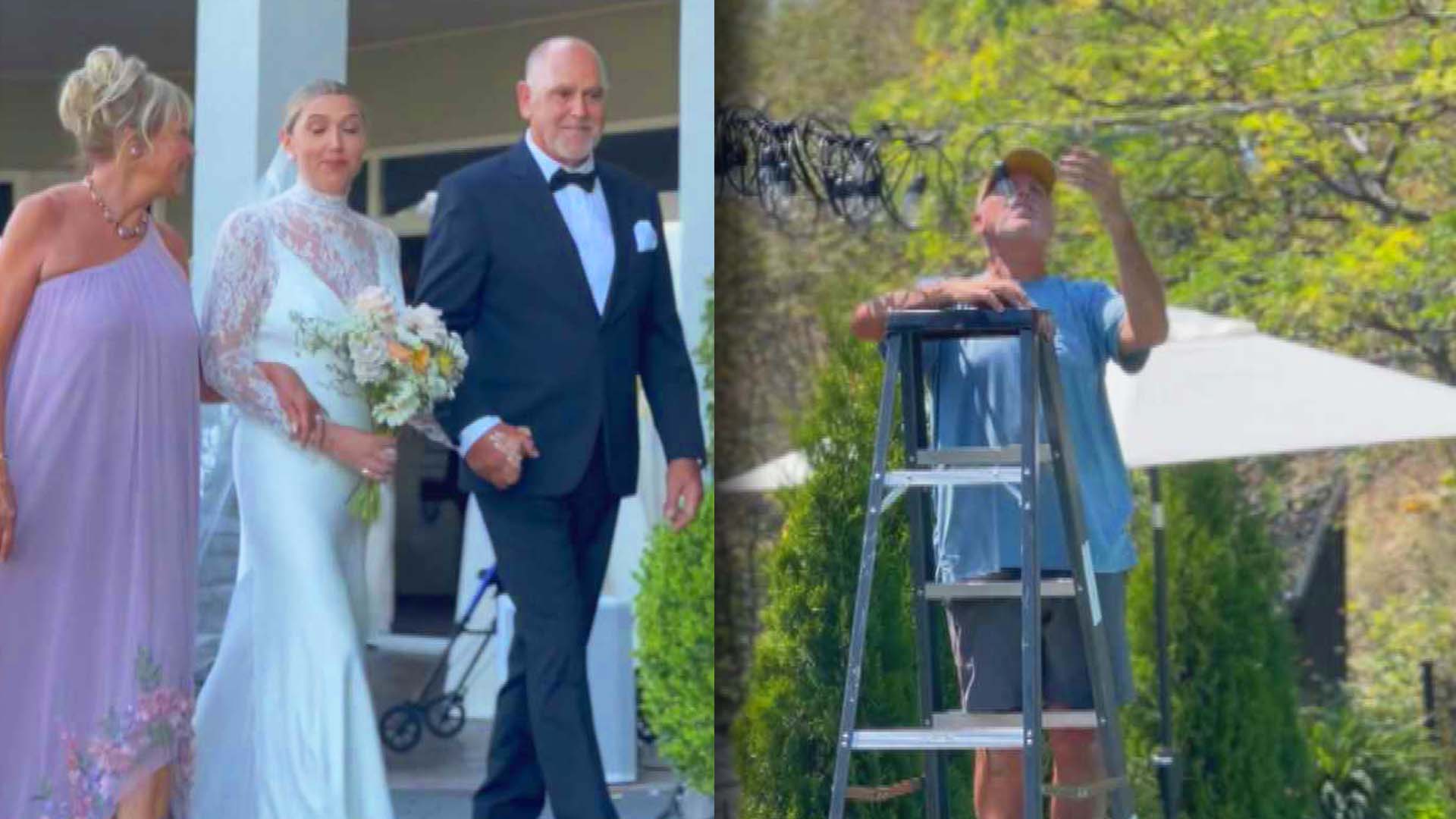 Mother and father walking bride down aisle / Father on a ladder hanging lights