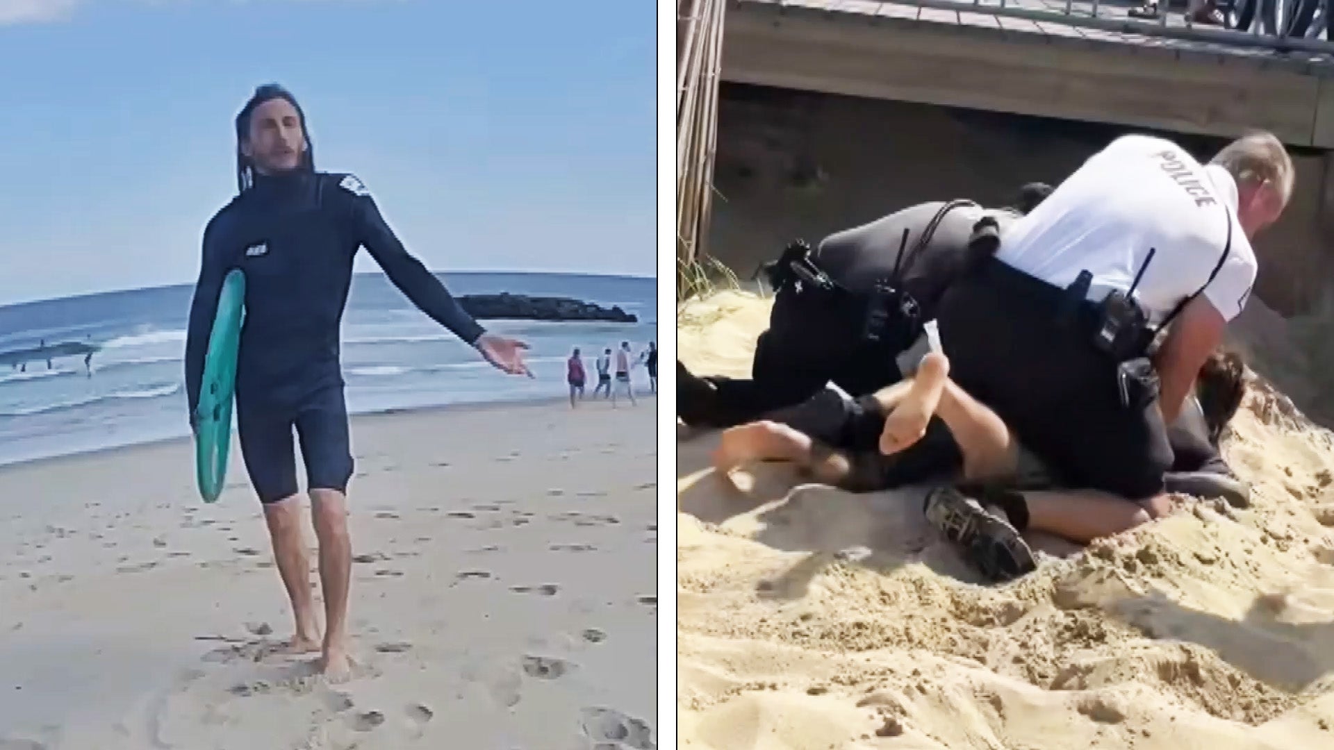 Surfer on beach/ Police arresting surfer