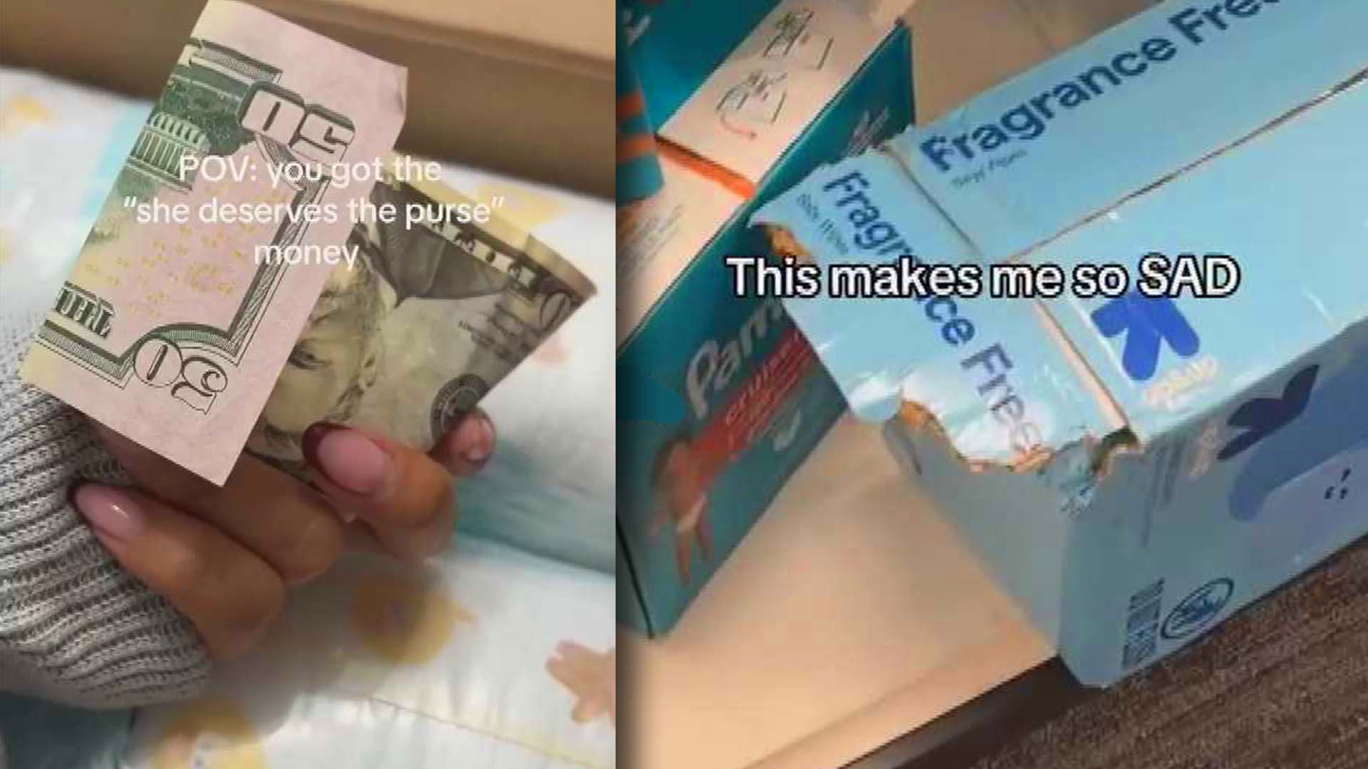 Woman holding a fifty dollar bill / Image of a torn open diaper box on a store shelf