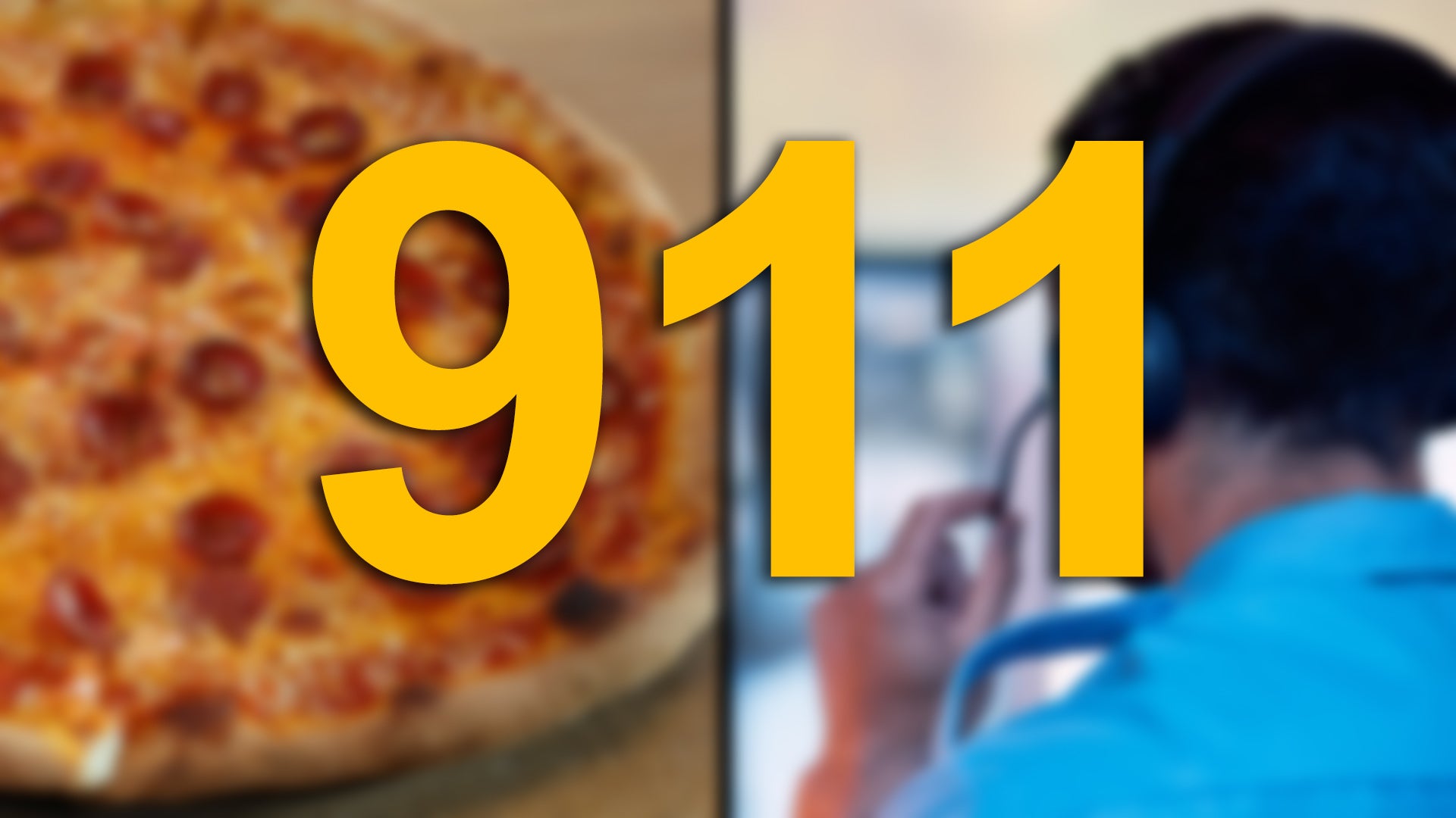 pepperoni pizza / 911 operator on the phone / 911 in big yellow letters across whole image