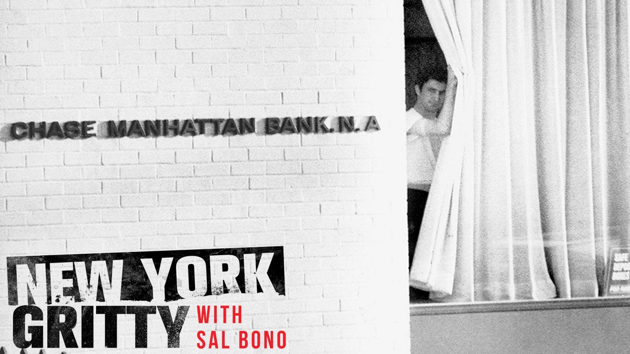 Split image of New York Gritty with Sal Bono logo and black and white archival photo of Brooklyn bank robber peering behind curtain