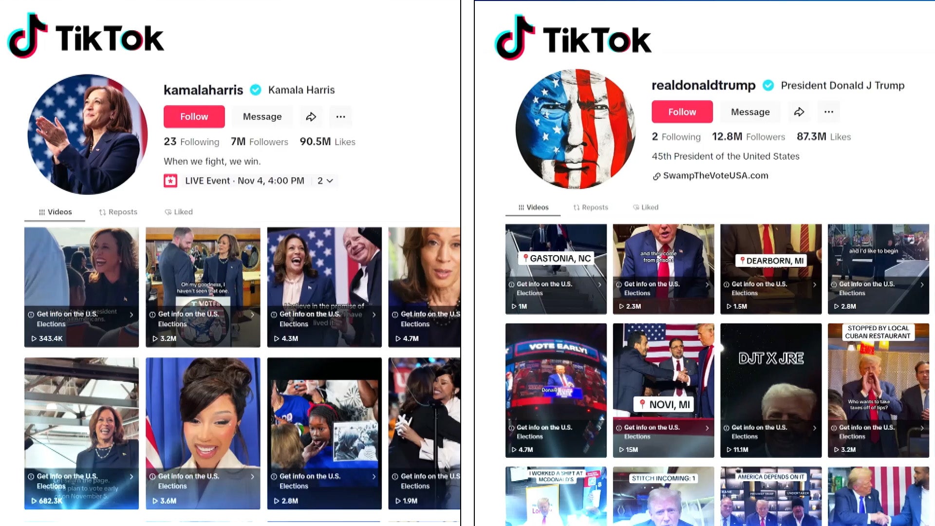 Tiktok profile pages of Kamala Harris and Donald Trump