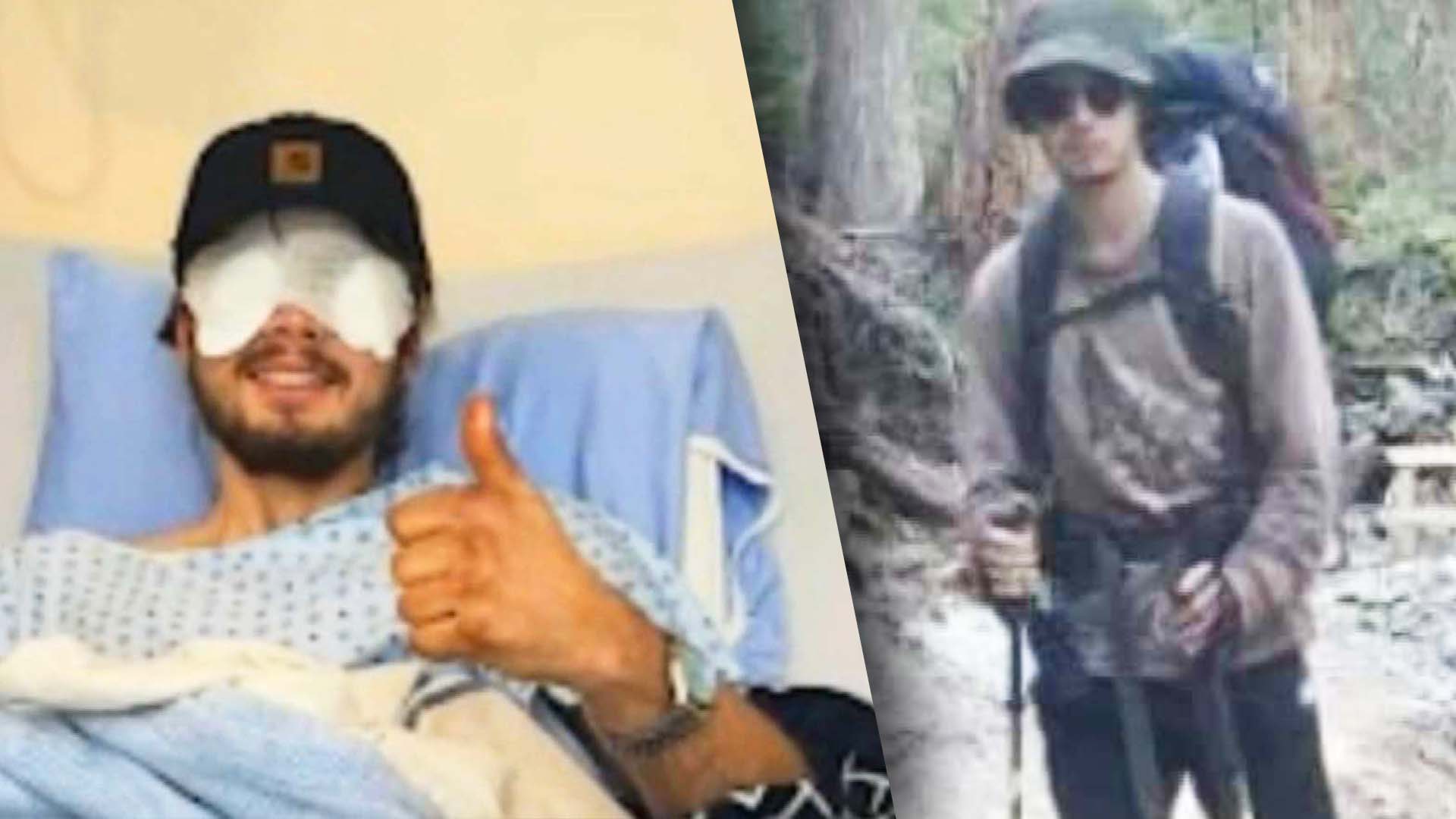 Man in hospital bed giving thumbs up with patched eyes, Hiker with backpack and walking sticks