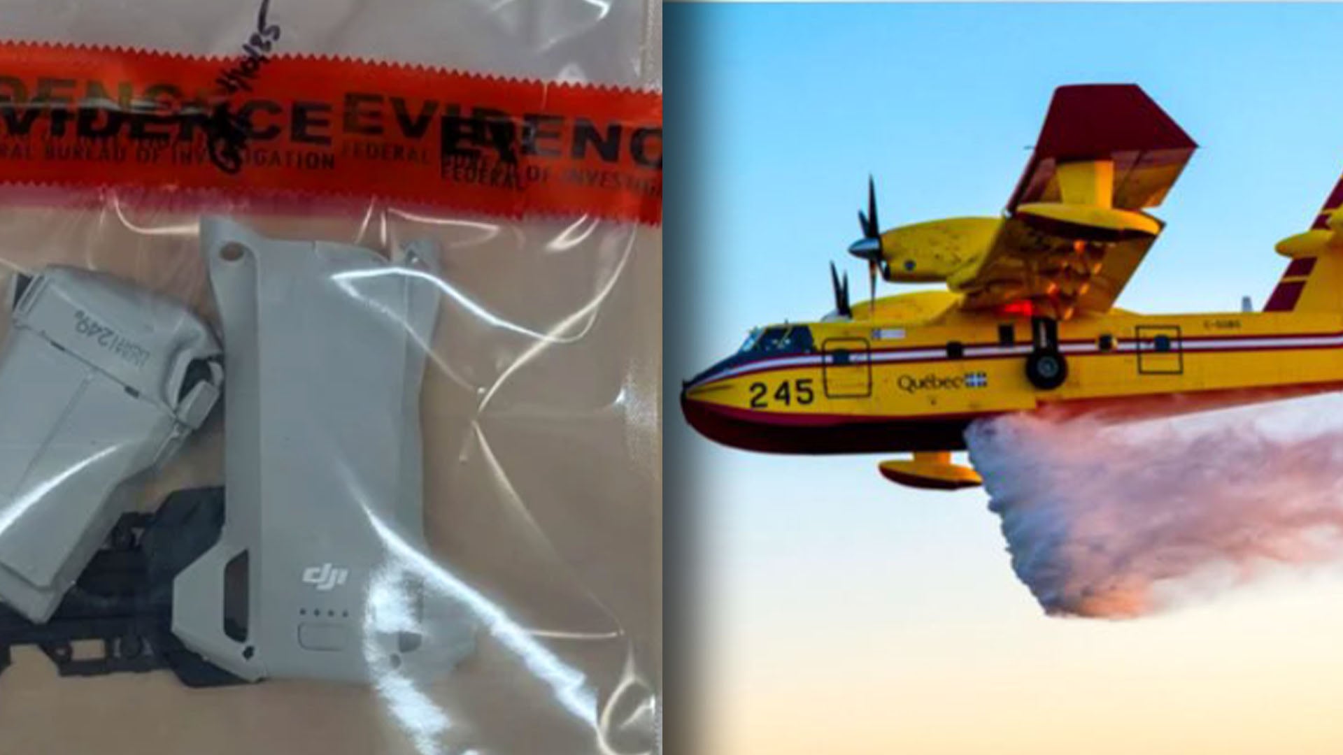 Drone parts in clear evidence bag, Plane dropping water from sky