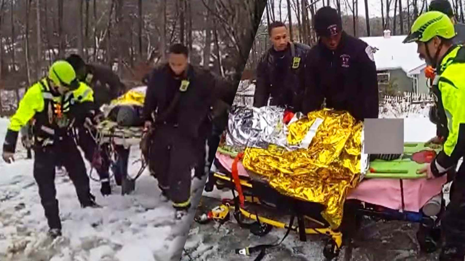 first responders wheel boy on stretcher covered in blanket