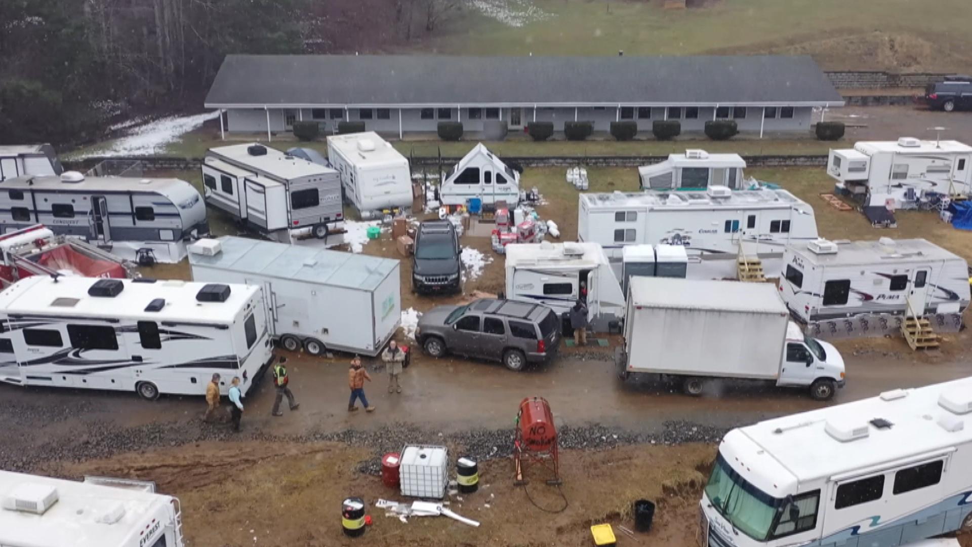 RVs and trailers in an encampment in North Carolina.