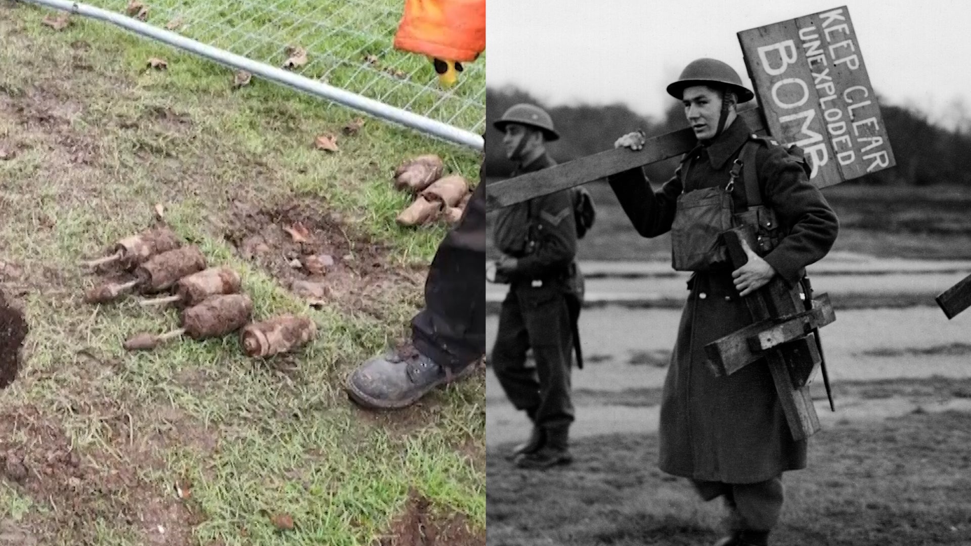 Unexploded bombs found in England/WWII soldiers holding “Keep Clear” signs