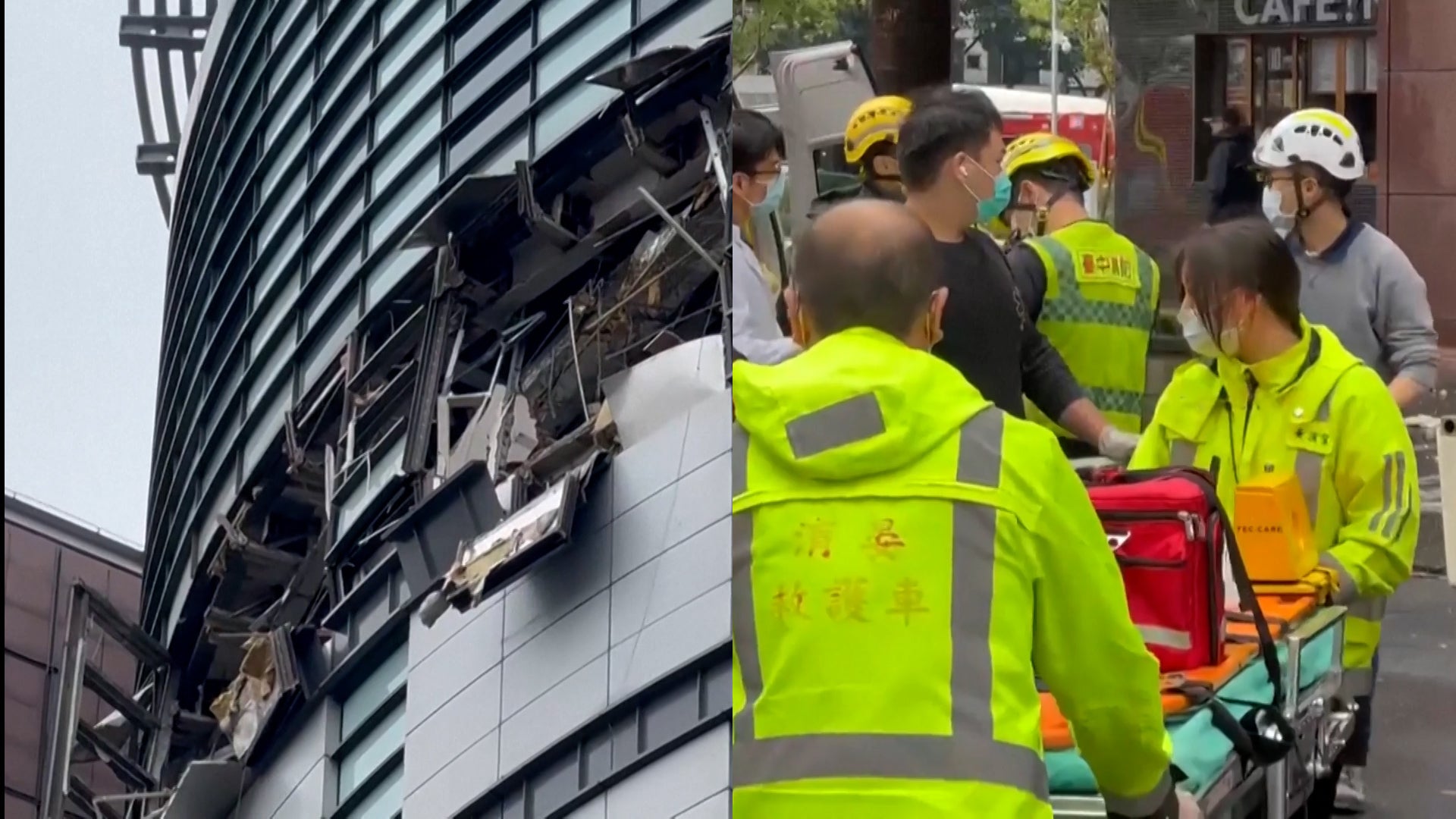 building damage / medical professionals pushing stretcher