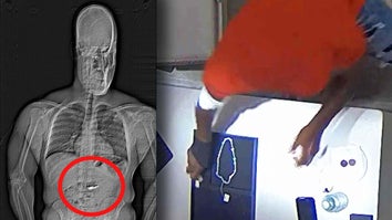 Xray with red circle around stomach // man in red touching jewels.