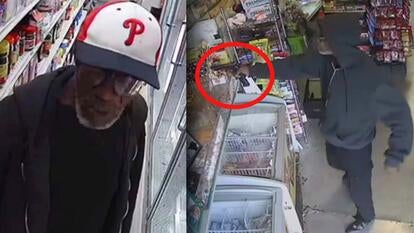 man in a Phillies hat / man points gun with a red circle