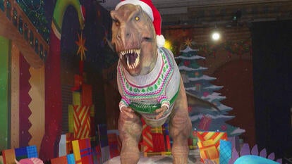 23-Foot T-Rex Animatronic Wears Ugly Christmas Sweater