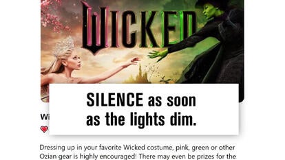 'Wicked' promo art with warning against noise