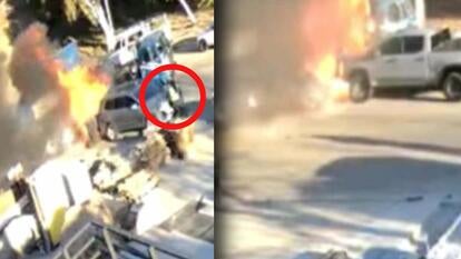 Flaming garbage truck hitting an SUV / Flaming garbage truck hitting a truck