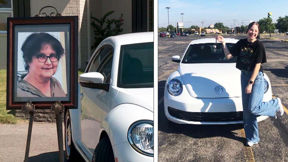 An Oklahoma teen and the VW Beetle she won from a raffle.