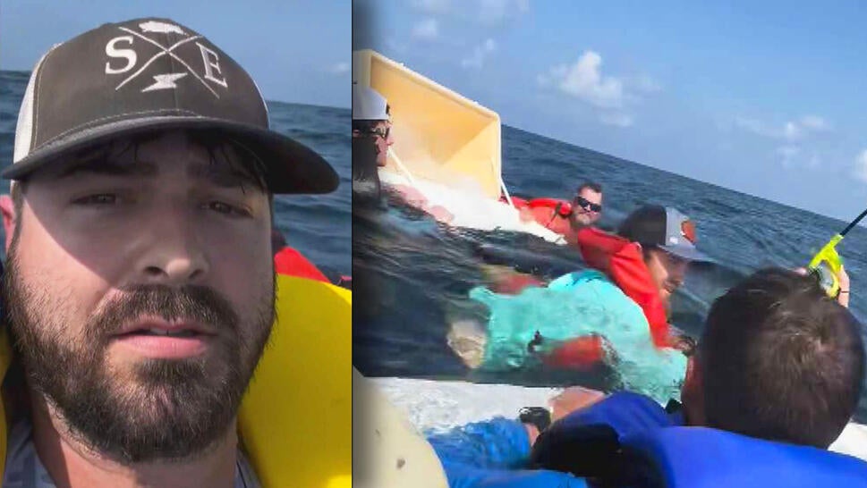 Easton Barrett in life vest overboard / Fishermen in life vests floating in ocean on coolers