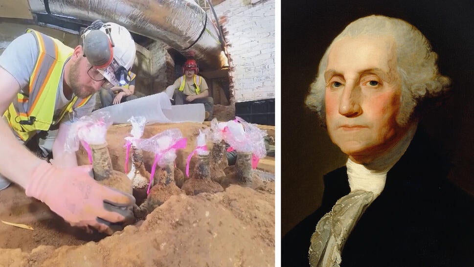 Archaeologists uncovered 250-year-old glass bottles filled with cherries and fruits in the cellar of Mount Vernon, President George Washington's Virginia plantation.
