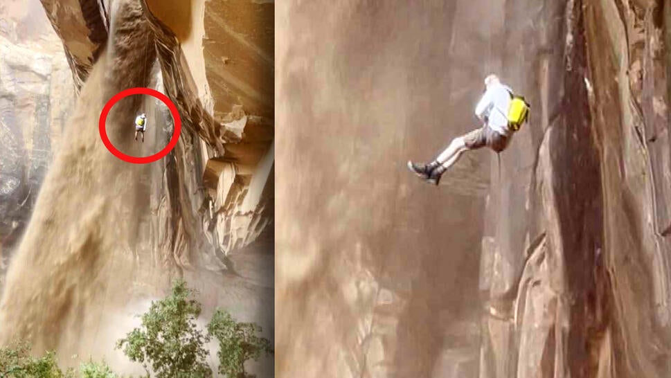 Red circled man seen rappelling off a cliff with a storm water waterfall / Closer shot of man rappelling with a yellow backpack