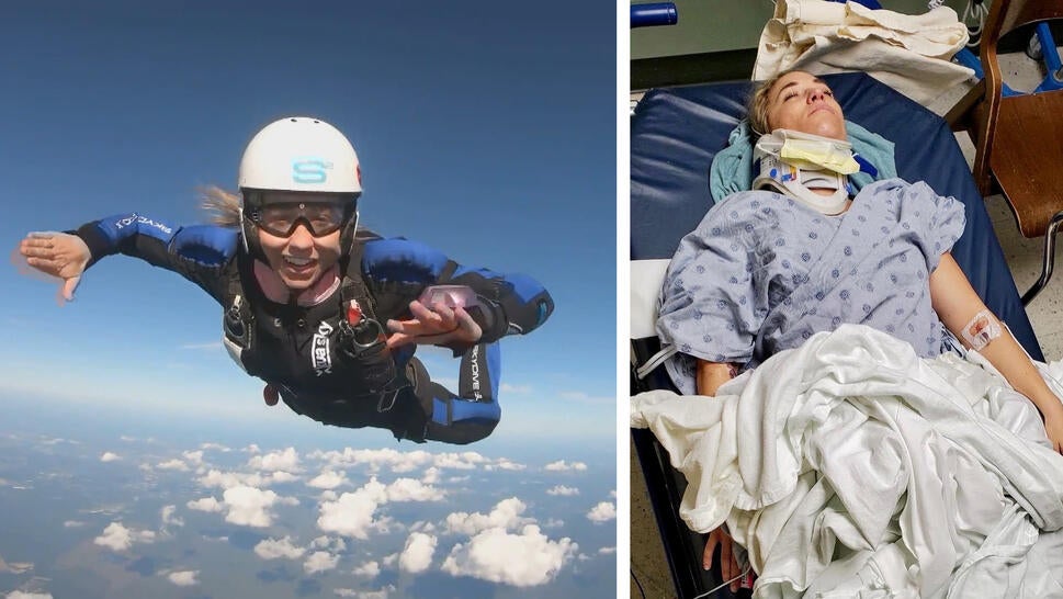 Split image of skydiver Jordan Hatmaker performing solo dive; Jordan Hatmaker in hospital with neck brace