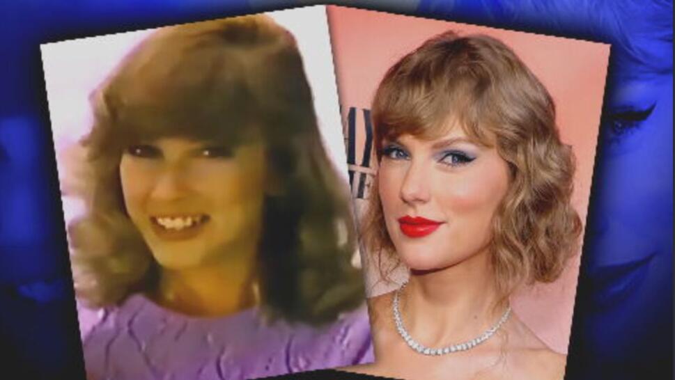 Toni Hudson in 1981 commercial on left, Taylor Swift on right
