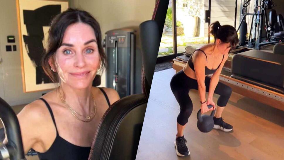 Courtney Cox smiling on elliptical / Courtney Cox doing a squat with a kettlebell