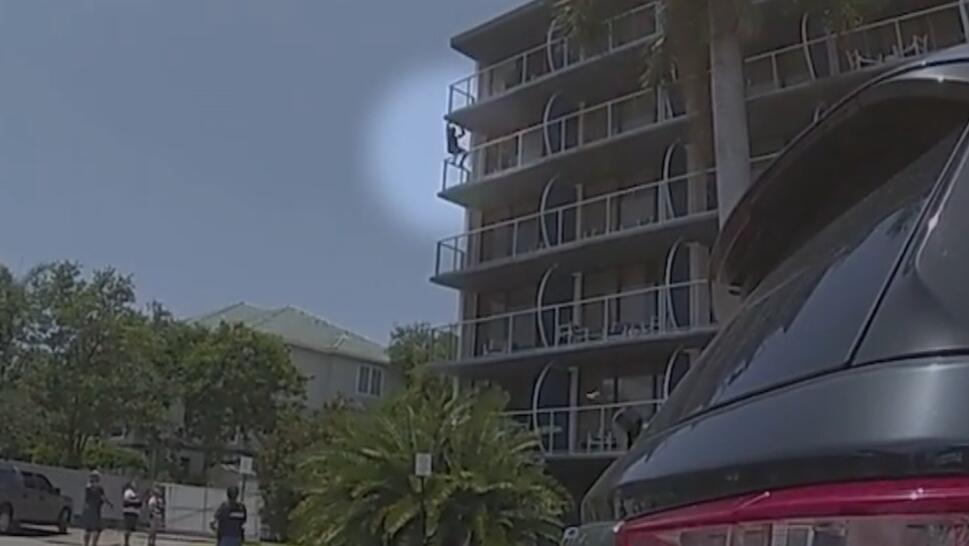 The Hillsborough County Sheriff's Office says an armed robbery suspect tried to escape police by dropping down the side of a Florida hotel.