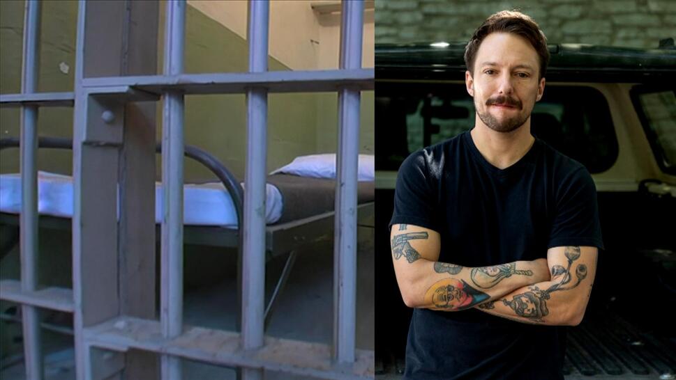 Split image of prison bars and Jared Klickstein in black t-shirt with folded arms