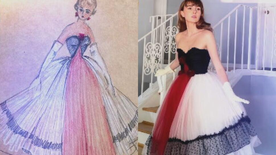 Left Image: sketch of red, white and black dress, Right Image: Julia wearing dress she made from the sketch show in image on left