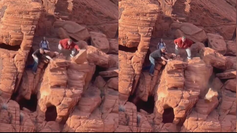 Men Destroying Ancient Rock Formation 