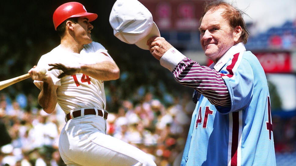 Pete Rose swinging bat, Pete Rose waves hat to crowd