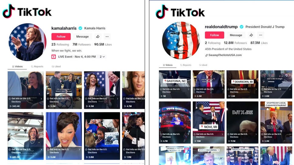 Tiktok profile pages of Kamala Harris and Donald Trump