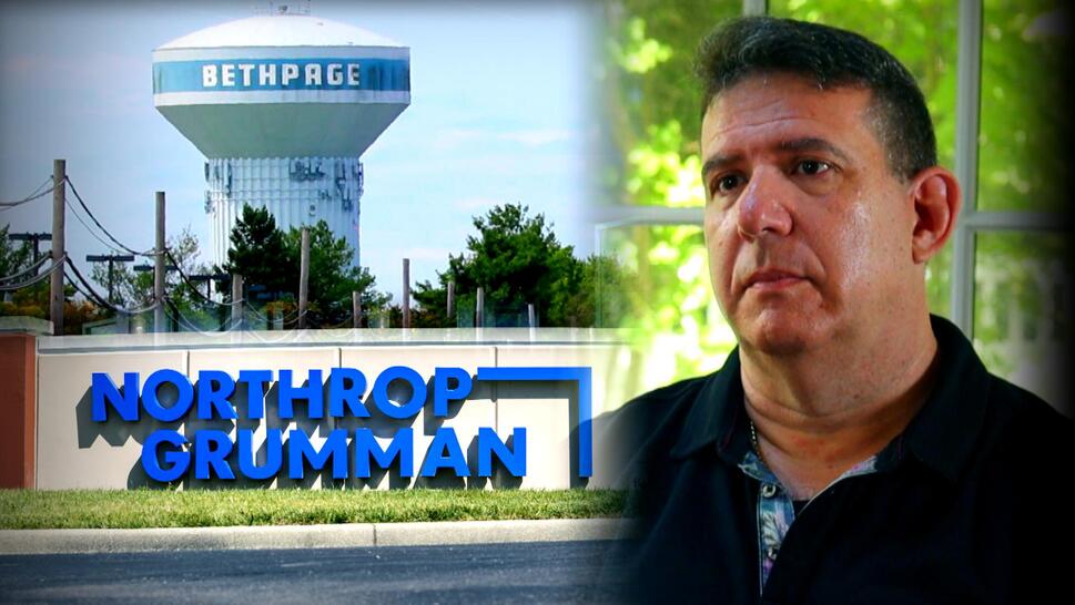 water tower reading "Bethpage," above Northop Grumman sign, and an image of Saul Klein during interview collaged together